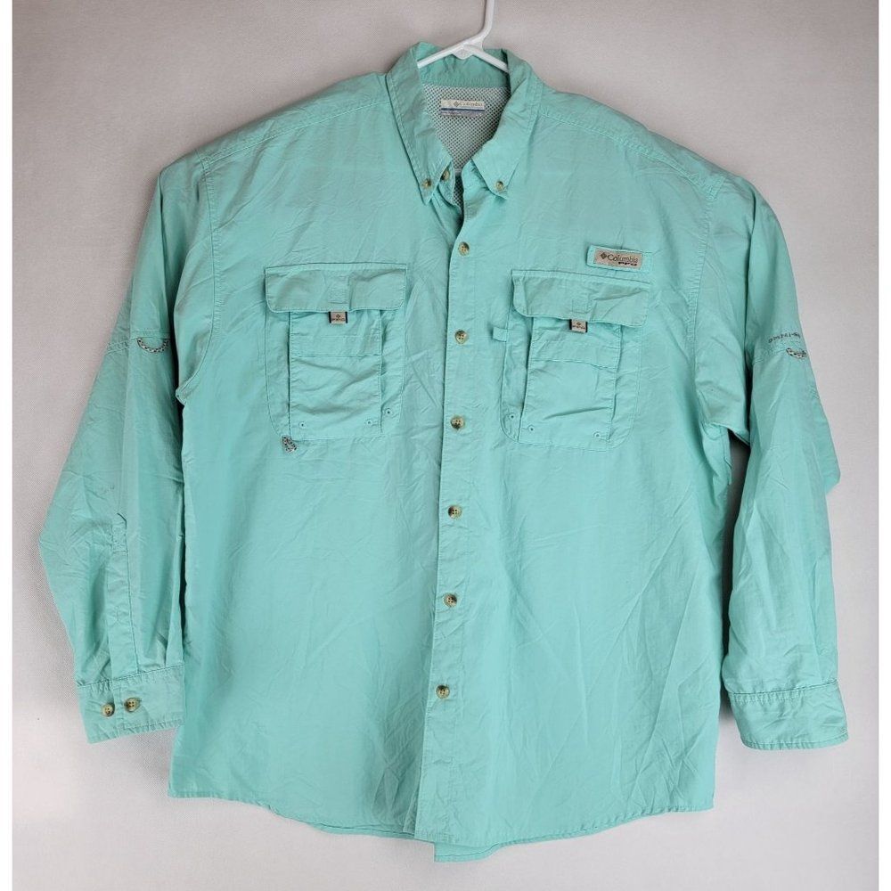 Columbia PFG Mens Size Large Teal Green Vented Fishing Long Sleeve Button Up Shi